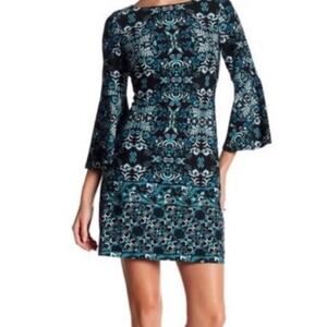 Vince Camuto Bell Sleeve Black Teal Floral Abstract Stretch Dress NEW Size 8